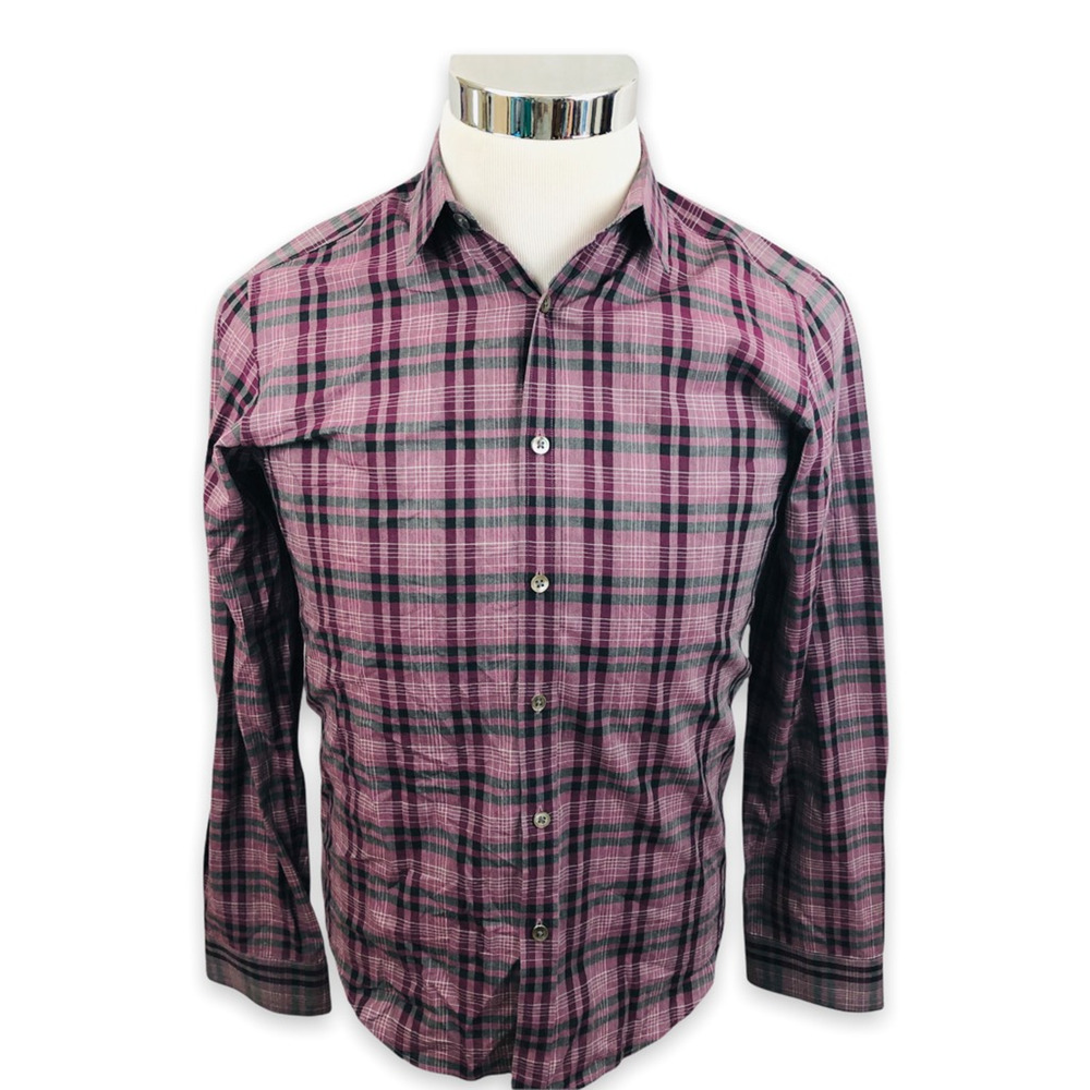 Theory Button Front Shirt‎ Mens XS Purple Plaid Check Point Collar Long Sleeve